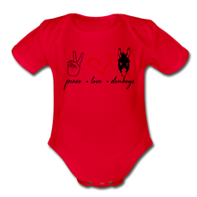 Load image into Gallery viewer, Baby Peace Love Donkeys Bodysuit - red
