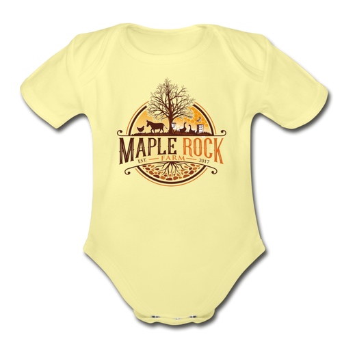 Baby Maple Rock Farm Logo - Short Sleeve Bodysuit - washed yellow